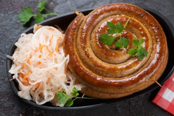 Chakalaka Wors with sauerkraut on a plate