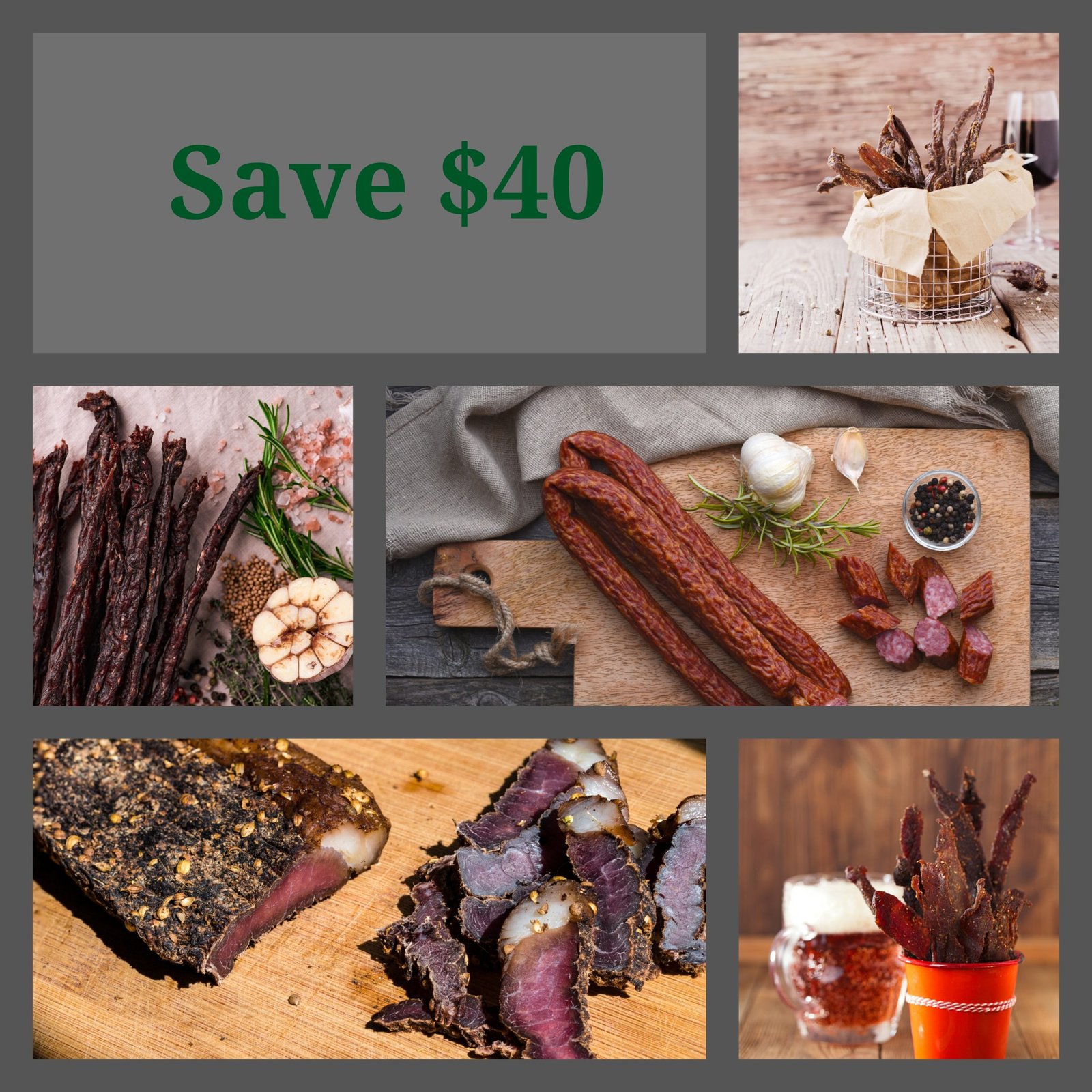 A collage of different South African biltong and droëwors from Netvleish, including various cuts of biltong and droëwors sticks, with a 'Save $40' offer text.