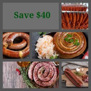 A collage showing the contents of the Netvleish Braai Box, including various boerewors and South African-style sausages, with a 'Save $40' text overlay.