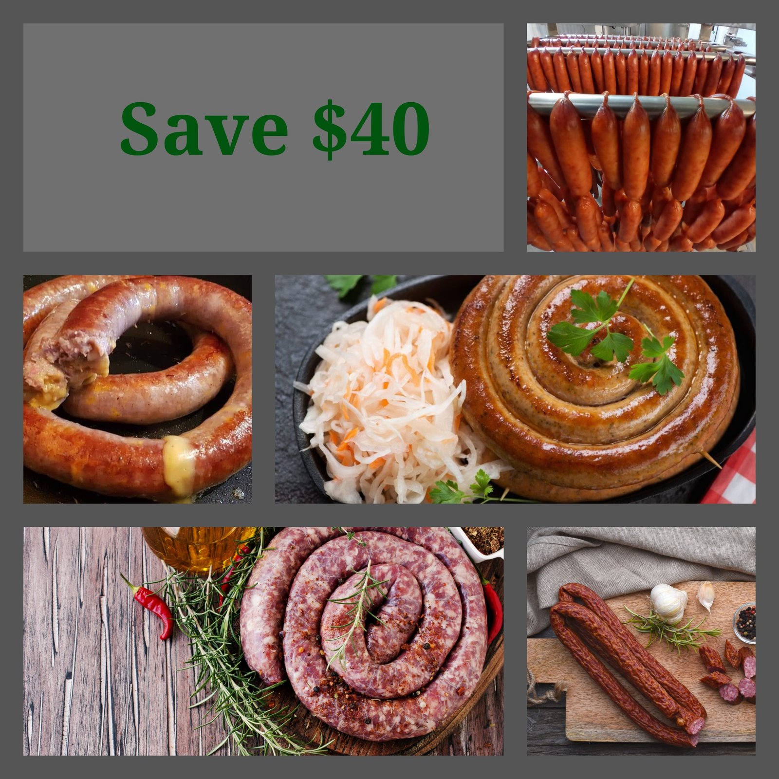 A collage showing the contents of the Netvleish Braai Box, including various boerewors and South African-style sausages, with a 'Save $40' text overlay.