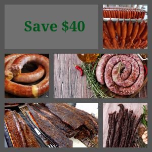A collage of South African meats from the Netvleish Lekker Box , including various types of biltong, droëwors, and boerewors, with a 'Save $40' offer text.
