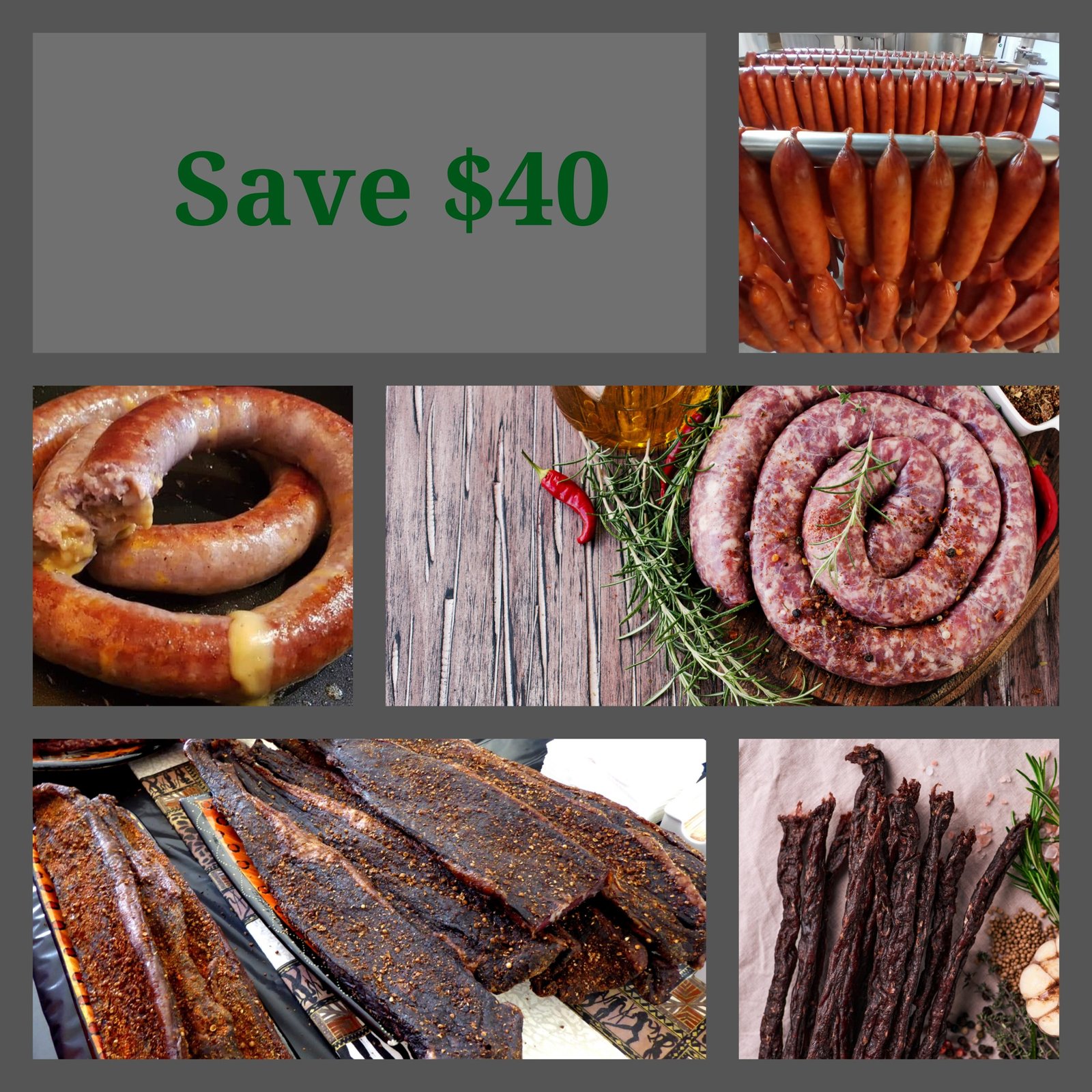 A collage of South African meats from the Netvleish Lekker Box , including various types of biltong, droëwors, and boerewors, with a 'Save $40' offer text.