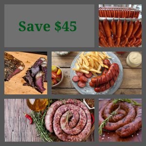 A variety of South African meats including biltong, boerewors, and droëwors from the NetVleish Moerse Box in Canada