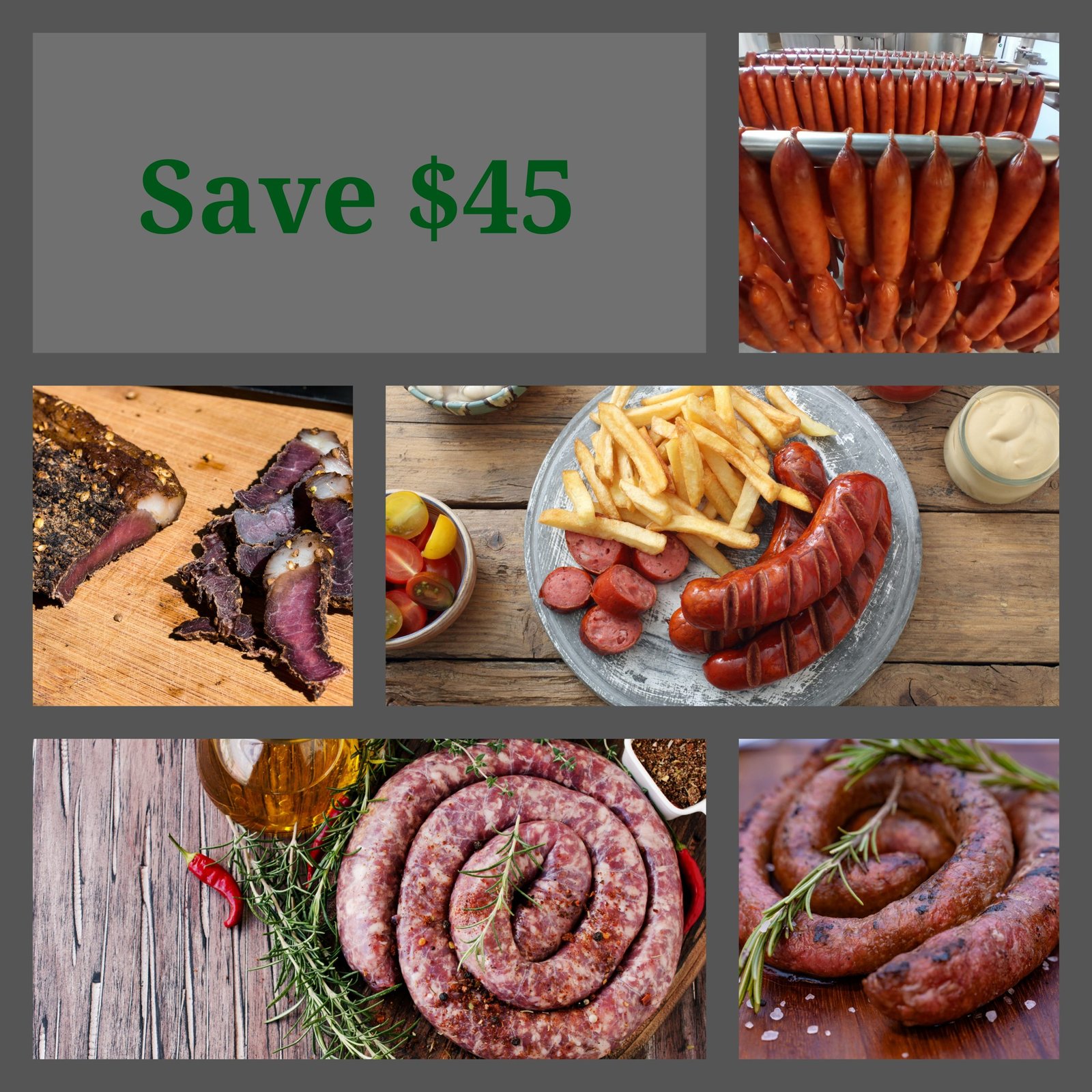 A variety of South African meats including biltong, boerewors, and droëwors from the NetVleish Moerse Box in Canada
