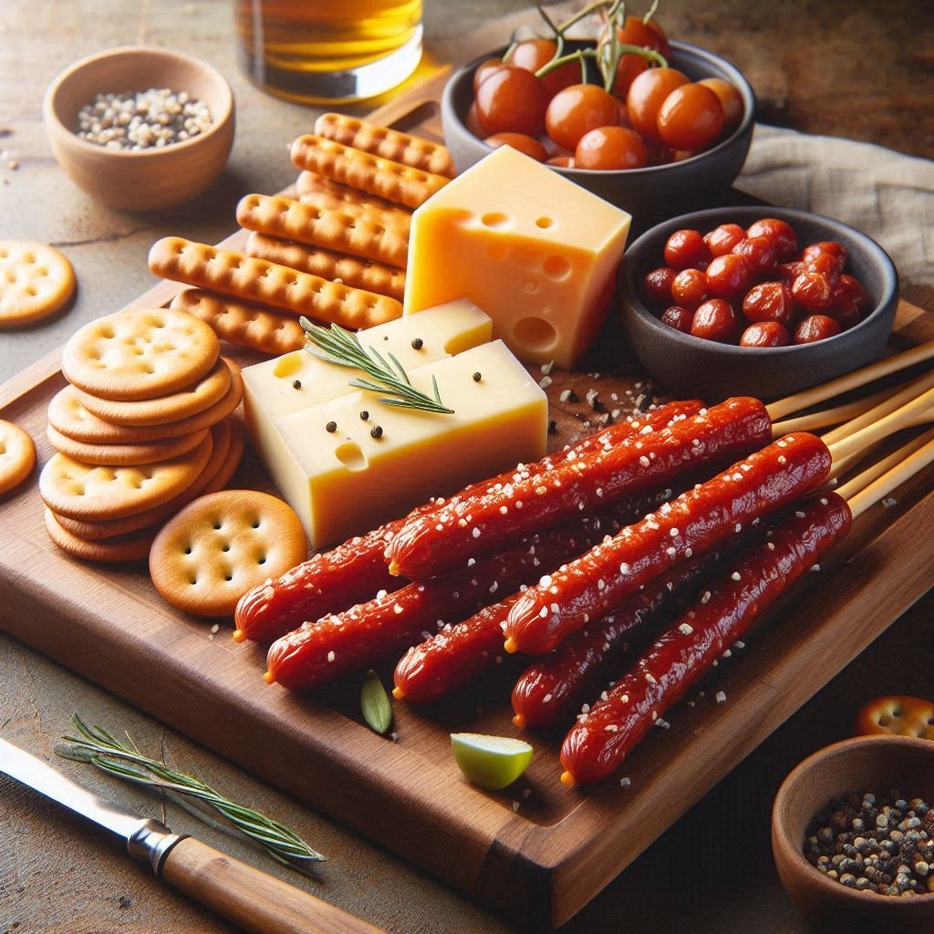 A wooden board featuring smoked cherry cabanossi sticks, cheese cubes, crackers, cherry tomatoes, and nuts, perfect for a gourmet snack or party platter.