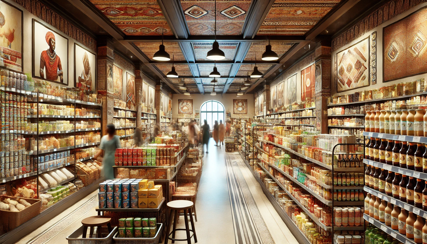 A realistic interior of an African food store, featuring diverse shelves filled with various food products and ingredients, creating an inviting atmosphere with warm lighting and subtle cultural decor.
