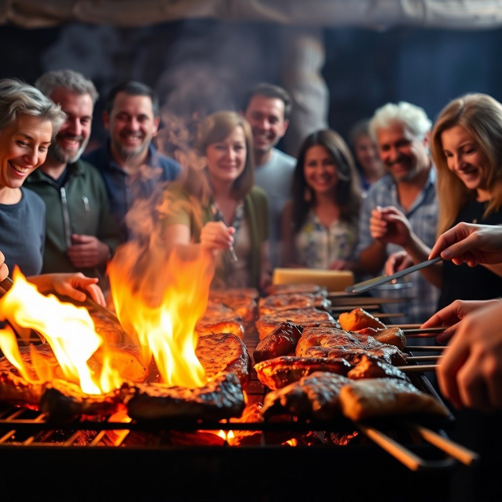 textbuilder_fluxpap-ytb – Canada Biltong King Traditional South African Food. A dynamic shot of a braai in action: flames, grilling meat, happy people gathered around.