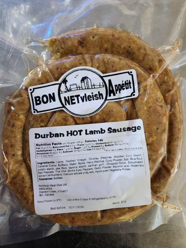 Durban Hot Lamb Sausage packaging by Netvleish Appetit, showing spicy lamb sausages in vacuum-sealed pack.