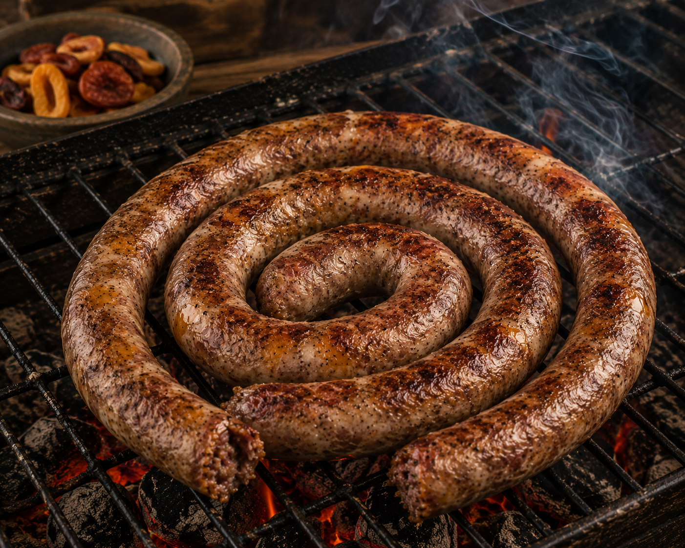 Grilled Plaas Perskewors – Peach Boerewors – Canada Biltong King Grilled Plaas Perskewors browned over hot coals