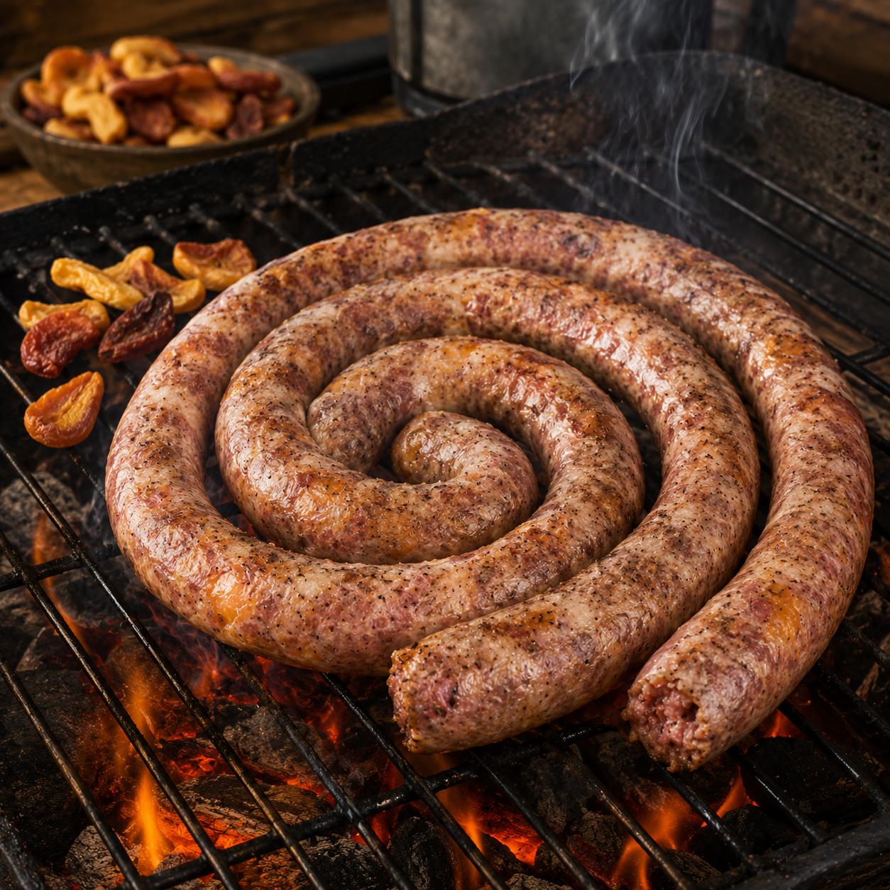 Plaas Perskewors Cooking on the Braai – Canada Biltong King Plaas Perskewors peach boerewors cooking over hot braai coals