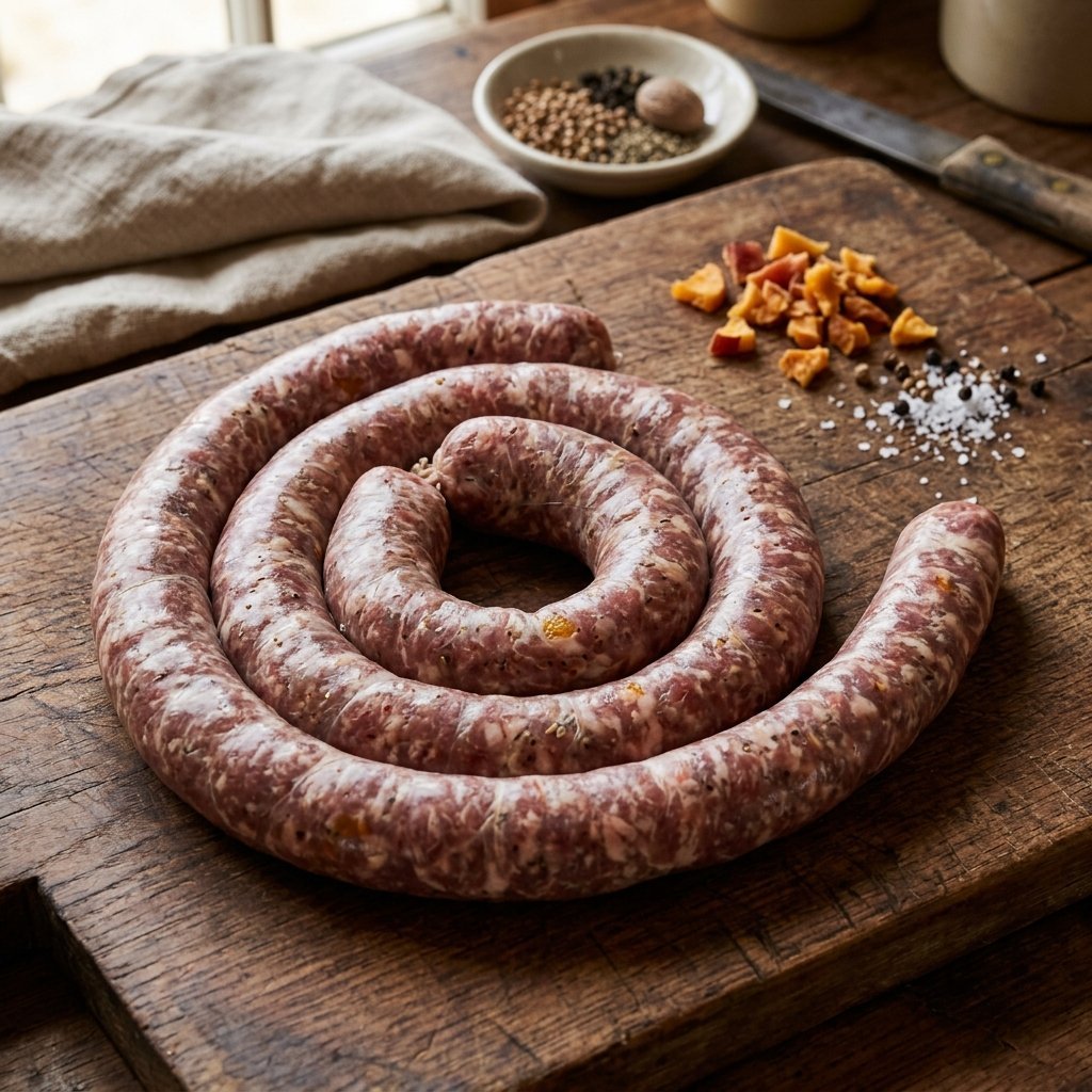 Fresh Plaas Perskewors – Peach Boerewors – Canada Biltong King Fresh Plaas Perskewors on a wooden butcher board